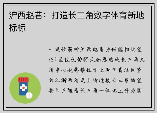 沪西赵巷：打造长三角数字体育新地标标